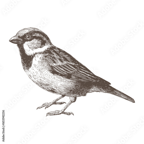 Vintage Etching of a House Sparrow, a classic, detailed etching of a house sparrow, ideal for nature, wildlife, and ornithology-themed designs.