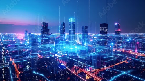 Futuristic city at night with glowing network lines