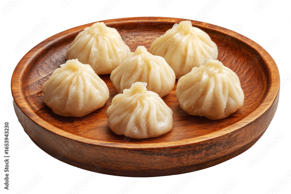 Fototapeta premium Steamed Chinese dumplings dim sums arranged on wooden plate, isolated on white transparent background, concept of Asian cuisine