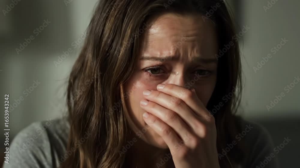 A woman with tears in her eyes holds her hand to her face appearing distressed A woman with tears in her eyes holds her hand to her face appearing distressed