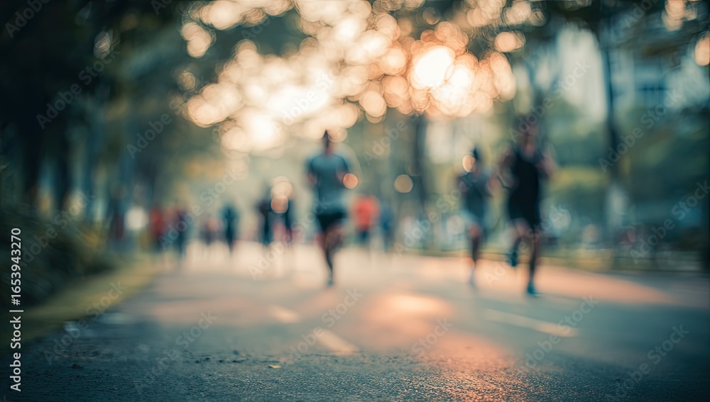 Fototapeta premium Blurry runners in a park at sunrise