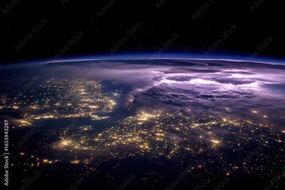Obraz premium Earth At Night With City Lights And Lightning Storm