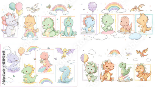 Adorable baby dinosaurs with balloons, rainbows, and pastel colors. Perfect for nursery decor, kids’ prints, and cute cartoon illustrations.