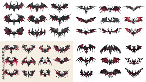 Set of black and red tribal bat tattoo designs with gothic style. Perfect for tattoo templates, dark fantasy art, and Halloween decorations.