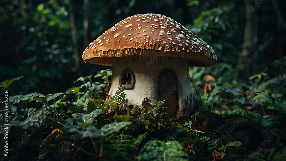Fototapeta premium Whimsical Mushroom House in Enchanted Forest Setting.