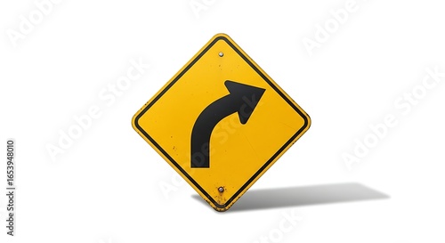 Free Download Yellow road sign with a right turn arrow isolated on white background - GFXLoad