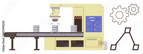 Factory conveyor transferring items under robotic arm and machine interface. Ideal for manufacturing, automation, technology, engineering, efficiency, industry, innovation. Simple flat metaphor