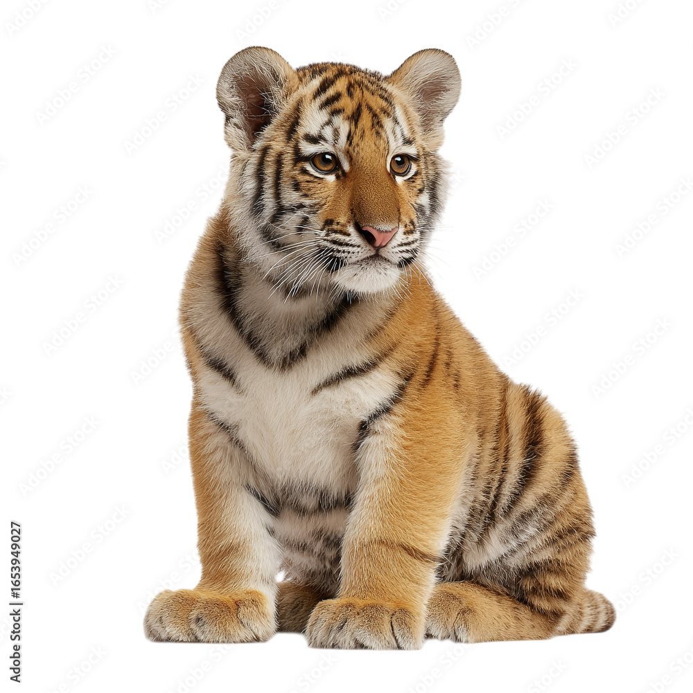 Fototapeta premium Isolated baby tiger sitting, isolated on transparent background