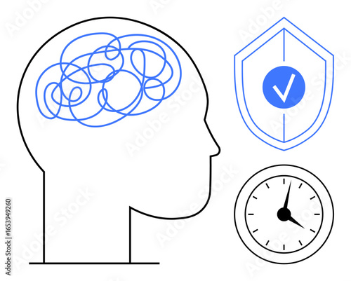 Silhouette head with tangled lines inside, shield with checkmark, clock showing passage of time. Ideal for mental health, focus, time management, stress relief, decision-making, productivity simple