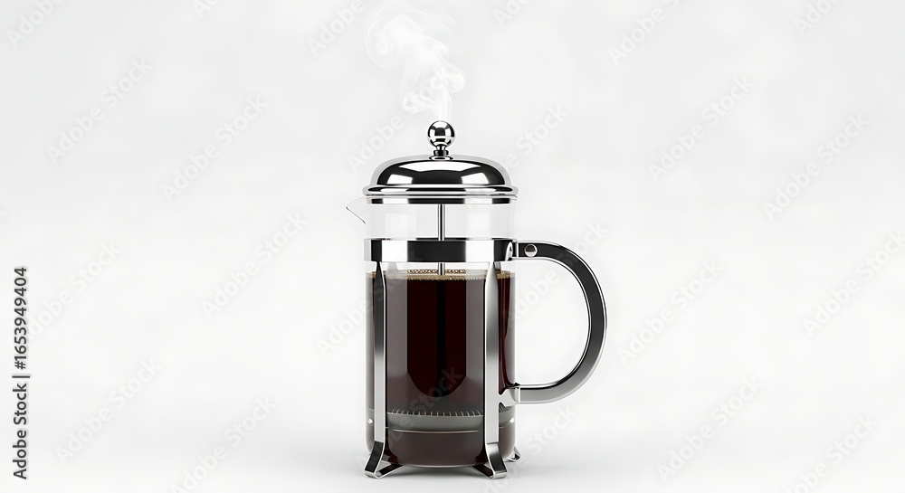 Obraz premium French press coffee maker with steam isolated on white background