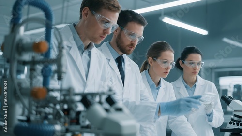 Scientists in lab coats examining equipment and discussing findings in a modern laboratory setting.