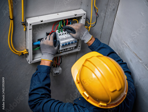 Electrician installing circuit breakers in electrical panel