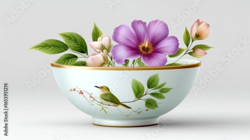 Floral Arrangement in Porcelain Bowl: A delicate porcelain bowl gracefully cradles a vibrant floral arrangement of blossoms and verdant leaves, creating an artistic fusion of nature and artistry.
