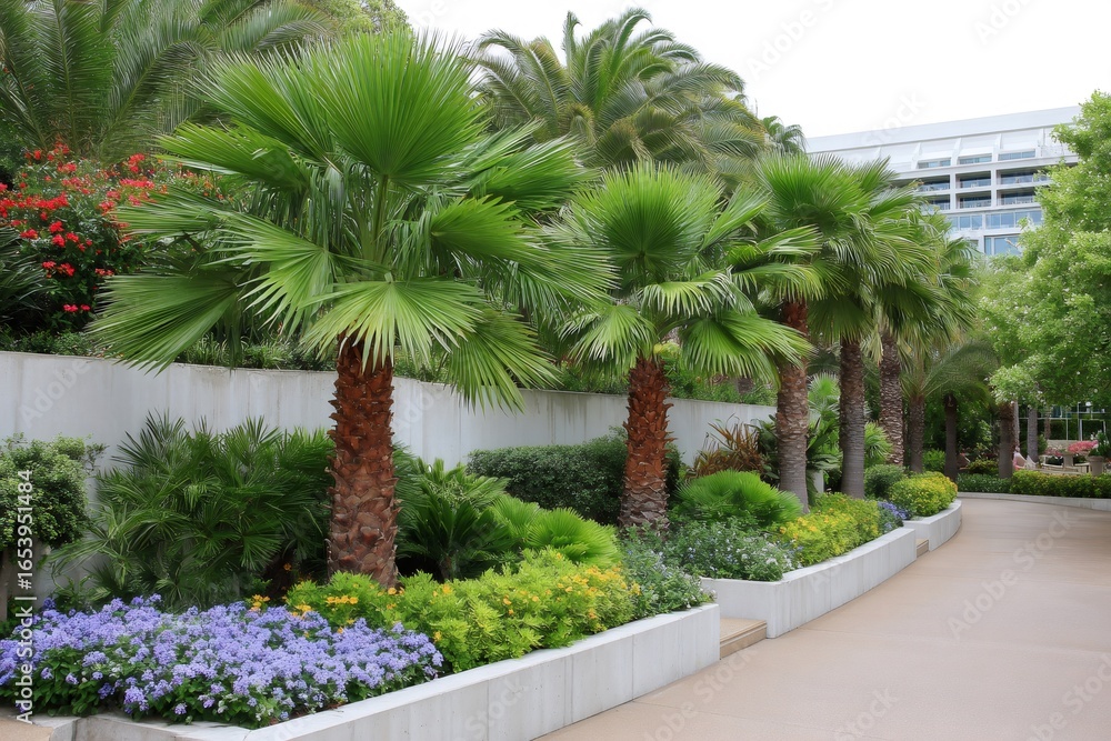 Fototapeta premium Lush tropical garden with palm trees bordering a paved path