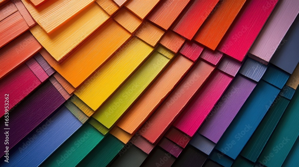 Fototapeta premium Arranged in a detailed gradient, an array of color samples showcases a harmonious blend of rainbow hues, inviting creativity and inspiration among viewers.