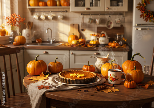 A cozy kitchen scene featuring a pumpkin pie, pumpkins, and autumn decorations.