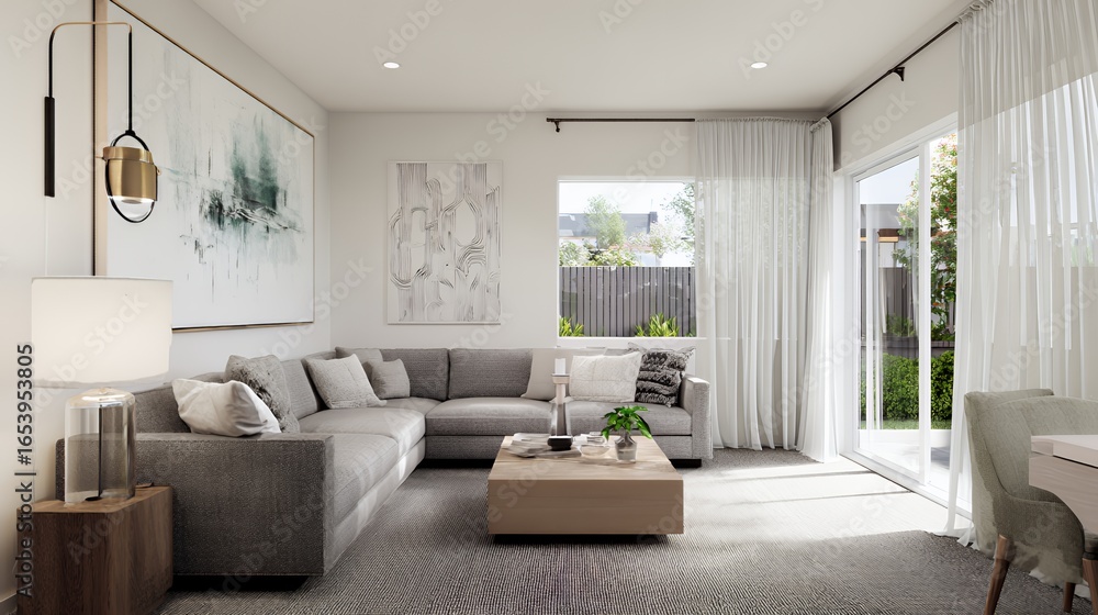 Fototapeta premium Scandinavian-inspired living space with neutral tones and abstract art, radiating modern comfort.