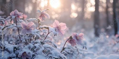 Frost covered hellebores blooming in winter forest.