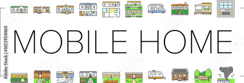 mobile home trailer, camper icons set vector
