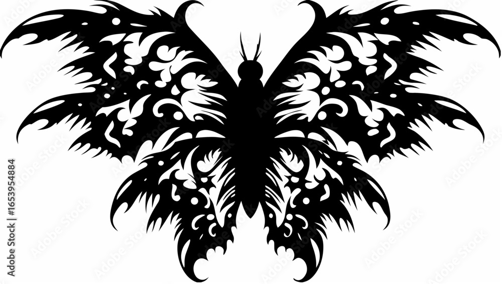 Obraz premium A decorative black butterfly silhouette with intricate wing designs and antennae on a white background art