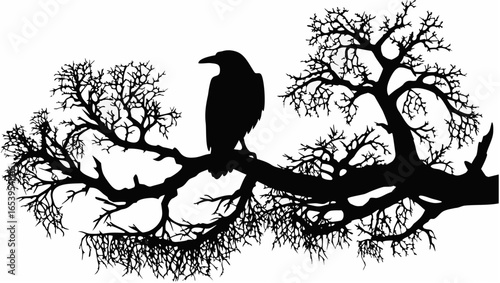 Silhouette of a raven perched on a bare tree branch against a white background in a stark contrast style