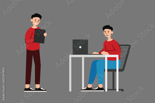 Illustration of a Modern Professional Working with Laptop, Computer, or Tablet in Digital Workplace
