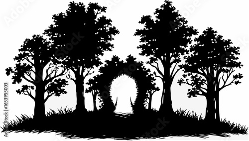 Silhouette image depicting a garden path leading through an archway of trees in black and white style