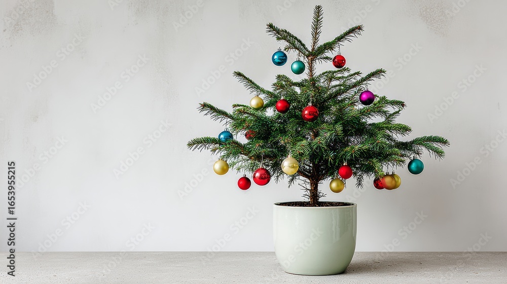 Fototapeta premium Small Christmas tree with many ornaments hanging from it. The tree is in a pot and is placed on a table