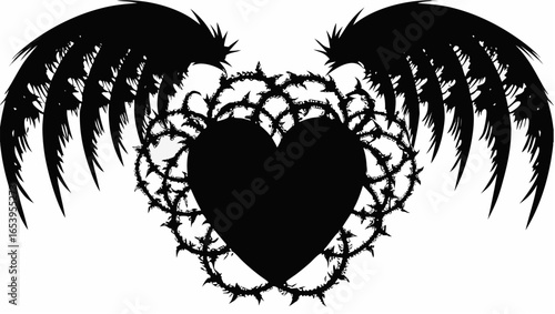 Black heart enclosed by thorny branches with two large feathered wings on a white background design silhouette