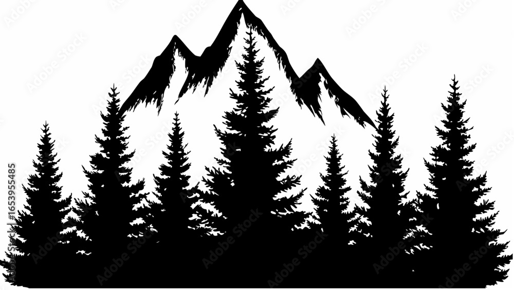 Obraz premium Silhouette of mountain peaks behind a dense forest of evergreen trees in a monochrome black and white scene