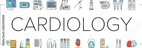 cardiology accessories ecg icons set vector