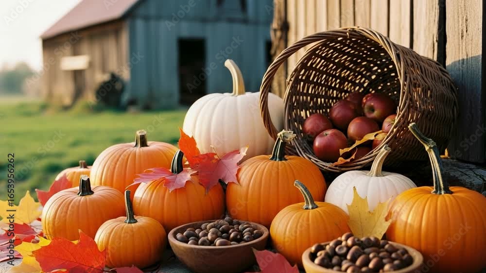 Rustic autumn still life with a variety of pumpkins, a basket of fresh ...