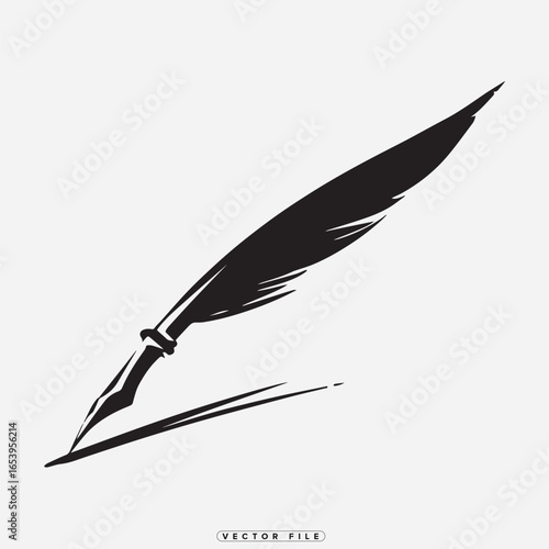 A black and white illustration of a feather quill pen in motion writing