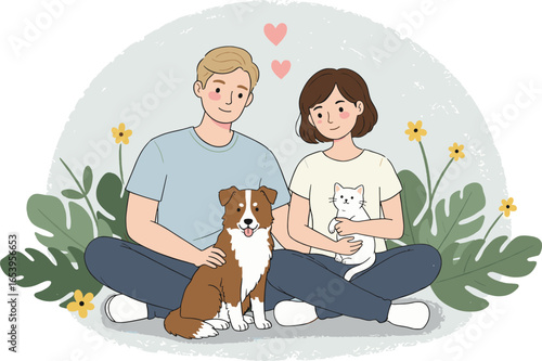 Boy and girl with dog cartoon illustration