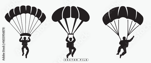 Parachuters in different positions during freefall and descent