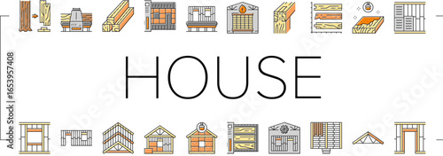 wood frame house construction icons set vector