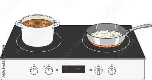 Cooking pot and pan on stove with food ingredients