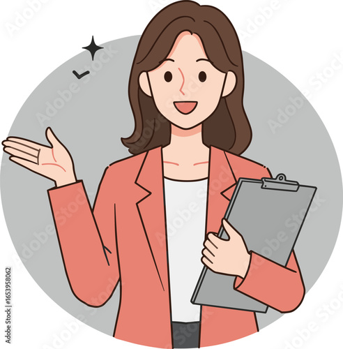Smiling woman cartoon illustration with laptop and phone in office work style