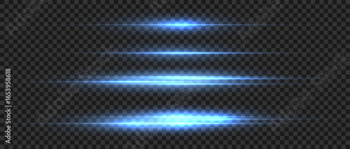 Bright blue horizontal light explosion with glowing neon lines and flare effect on dark background perfect for energy design speed motion or digital graphics.
