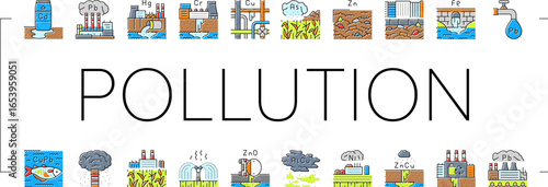 heavy metal pollution icons set vector