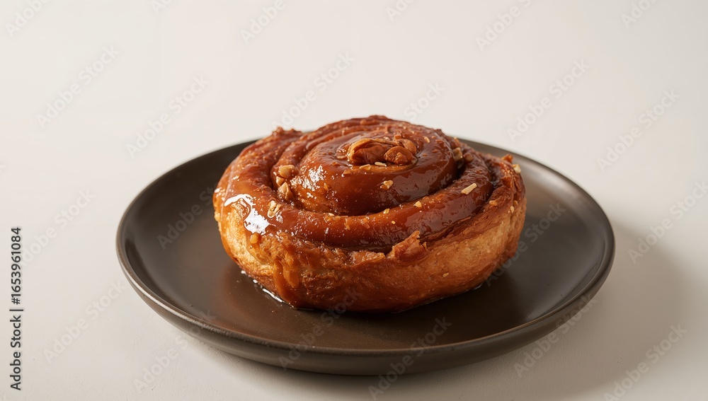 Fototapeta premium Delicious Caramel Pecan Cinnamon Roll on a Dark Plate, Ready to be Enjoyed.