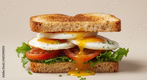 Delicious Breakfast Sandwich with Fried Eggs, Tomato and Lettuce on Toasted Bread.