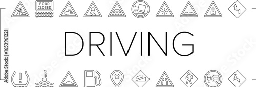car driving obstacles road icons set vector