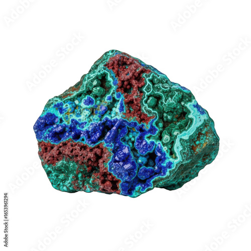 Vibrant azurite and malachite mineral specimen isolated on transparent background