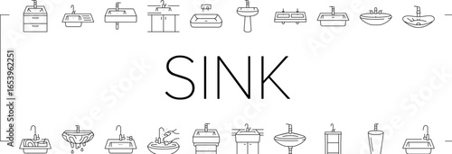 sink porcelain drain faucet icons set vector