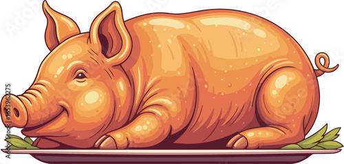 Cartoon illustration of a roasted pig on a platter, garnished with green leaves.