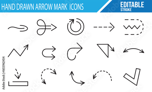 Collection of Hand-Sketch Arrow Icons Featuring Curved, Circular, and Directional Arrows