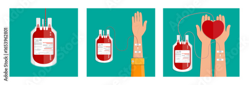 Blood bag donation set with person arm for transfusion concept. Healthcare medicine illustration for World Blood Donor Day.
