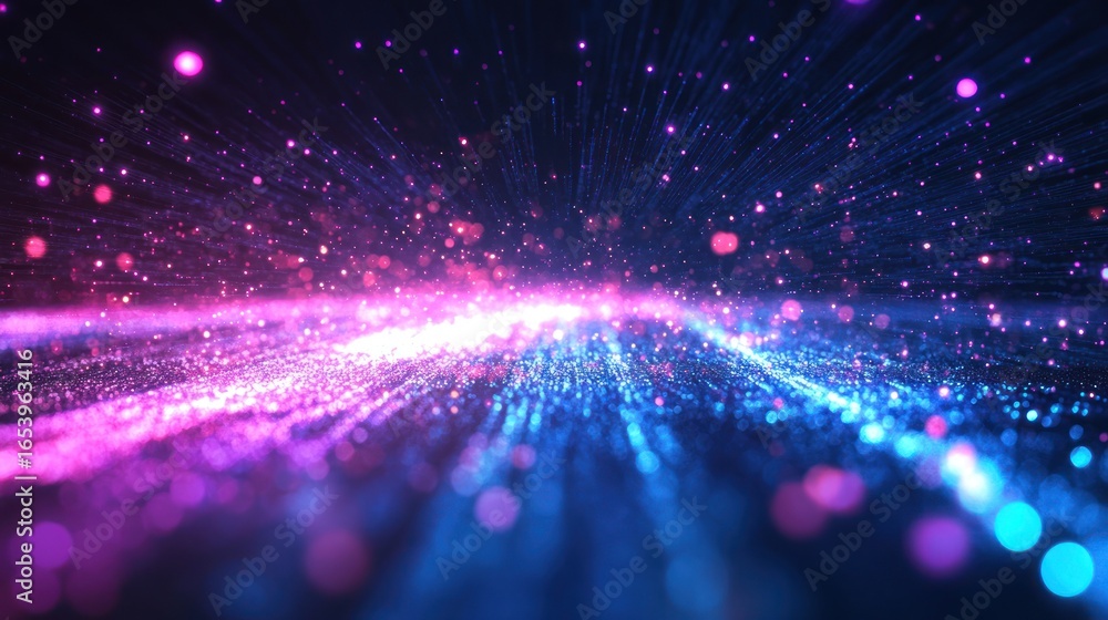 Obraz premium A dynamic, vibrant display of swirling, multicolored particles, radiating light and energy across a dark backdrop.
