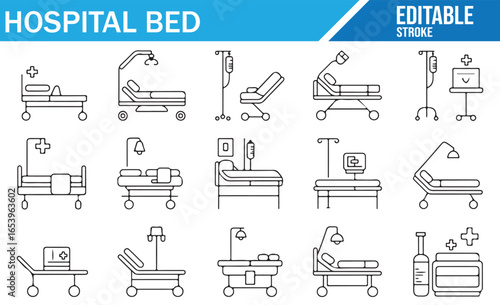 Healthcare and Hospital Bed Icons Featuring Patient Care and Recovery